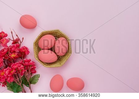 Top View Aerial Image Of Decoration & Symbol Happy Easter Holiday Background Concept.flat Lay Access