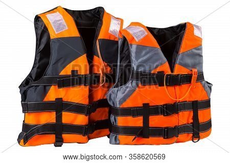 Two Orange Life Jackets, Stand In A Row, Child And Adult Life Jackets, Concept, On A White Backgroun