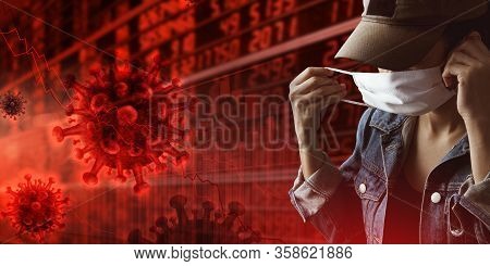Business Or Financial Chart In Trend Down Caused By  The Epidemic Of Coronavirus.tourist With Busine