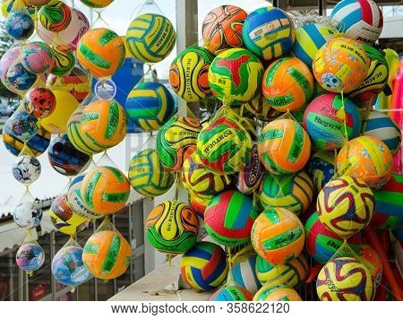 Monte Gordo, Portugal - November 18, 2019: Colourful Balls For Playing Footall And Volleyball For Sa