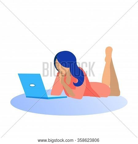 Woman In Red Dress Lying On Floor In Front Laptop. Coworking Center. Spending Time In Internet. Vect