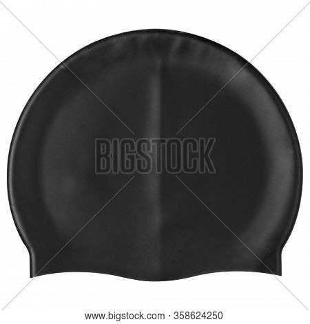 Black Rubber Swimming Cap, On A White Background, Headdress For A Swimmer