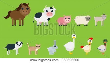 Set Of Cute Farms Designed With Very Geometric And Rounded Shapes For Kids. Animals Included: Horse,