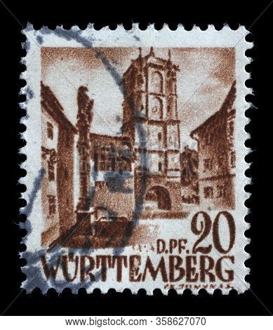 ZAGREB, CROATIA - JUNE 22, 2014: A stamp issued in Germany - Wurttemberg, Allied Occupation 1945-1949 shows City Gate from Wangen, circa 1948.
