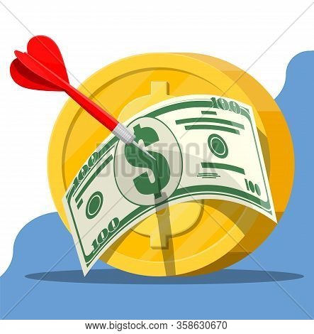 Dart Arrow In Dollar Banknote And Coin Target. Goal Setting. Smart Goal. Business Target Concept. Ac
