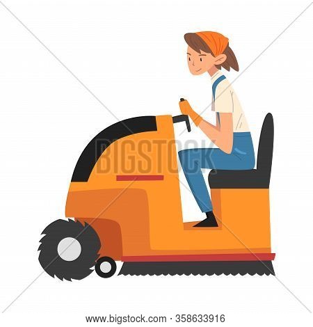 Young Woman Cleaning And Polishing The Floor With Washing Machine, Professional Female Worker Charac