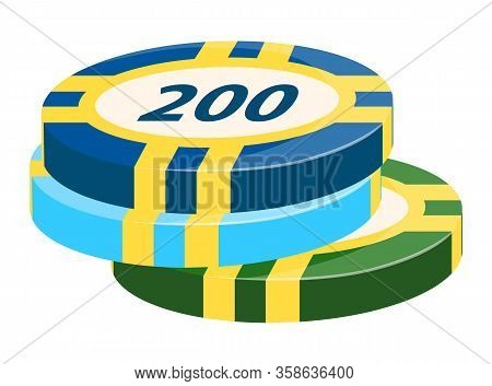 Playing On Money Vector, Isolated Chips Pile With Number On Top Flat Style. Gambling Casino Element,
