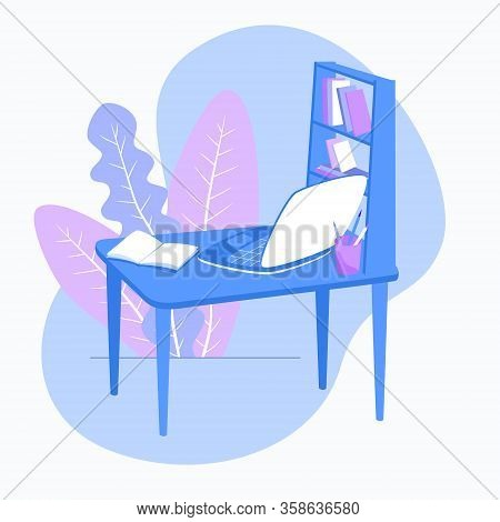 A Table With Shelves, Laptop, Notebook And Pencils. Workplace At Home Or  Office. Hand Drawn  Flat F