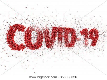 A Close Up View Text Made Up Of Red Virus Molecules Spelling Out The Word Covid-19 On A White Backgr