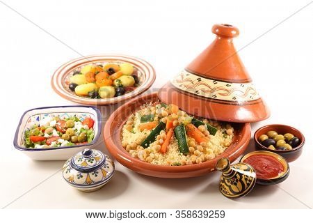 morrocan dish- couscous, tagine, olive, salad