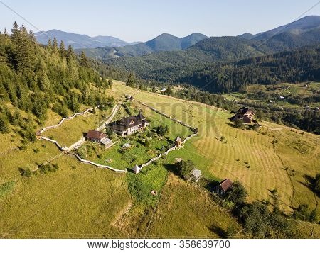 Aerial View Monastery In Carpathian Village Dzembronia, Ukraine