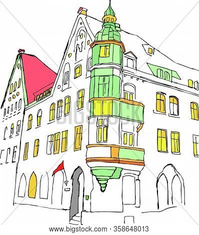 Hand Drawn Outline Sketch. Colorful City Vector Illustration Of Old Town For Your Design