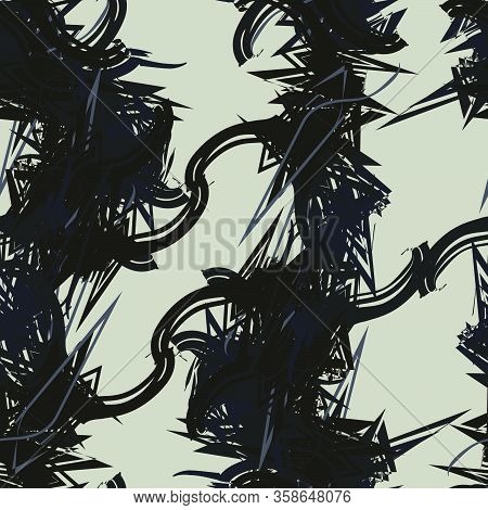 Seamless Vector Abstract Pattern With Wavy And Sharp Black And Gray Lines. Background Illustration F