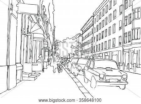 Hand Drawn Sketch. City Vector Illustration. Coloring Page In Doodle, Cartoon Style