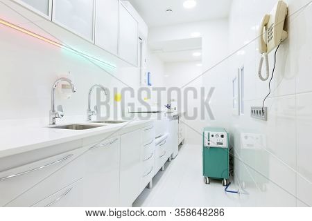 Room For Disinfection Tools For Dentistry, White Interior, No People, Copy Space