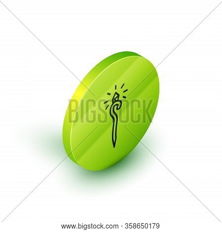 Isometric Line Magic Staff Icon Isolated On White Background. Magic Wand, Scepter, Stick, Rod. Green