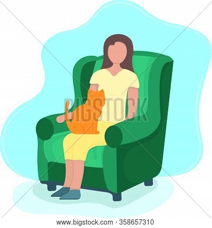 Woman Sitting On Armchair With Cat In Arms, Female Character Rest, Relax. Isolated On White, Flat Ve