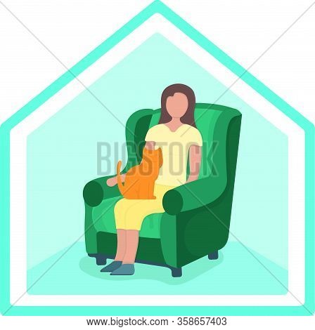 Woman Sitting On Armchair With Cat In Arms, Female Character Rest, Relax. Isolated On White, Flat Ve