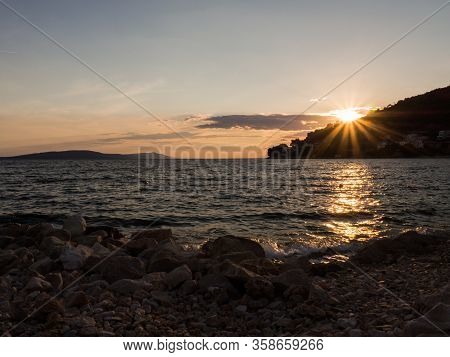 Sunset Over The Mediterranean Sea In Drvenik, Croatia