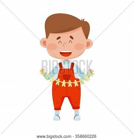 Smiling Boy Holding Made From Paper Shaped Garland Vector Illustration