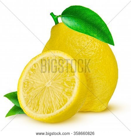 Lemon. Fruit With Half And Leaves Isolated On White