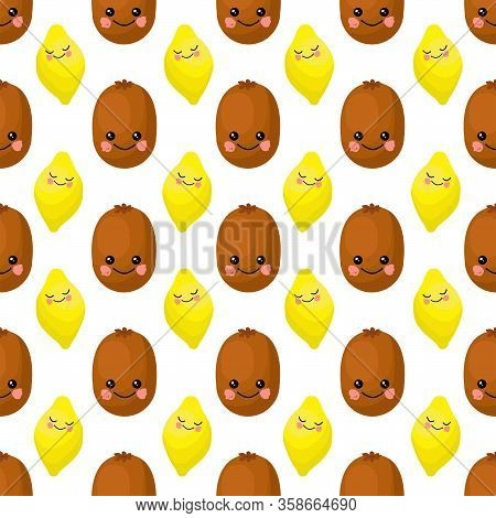 Lemon And Qiwi Character. Cute Cartoon Fruit. Vector Illustration . Fruits Seamless Pattern. Yellow 