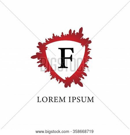 Letter F Alphabet Logo Design Template. Splash Of Blood With Shield Shape In The Midle. Isolated On 