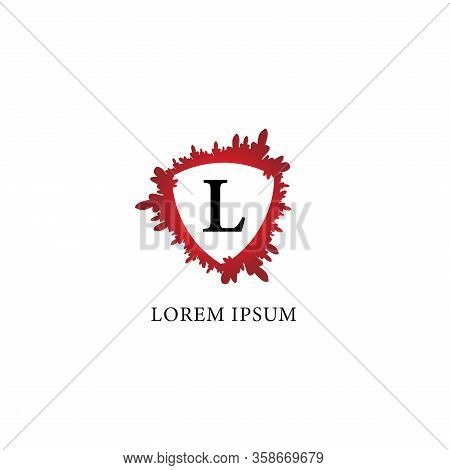 Letter L Alphabet Logo Design Template. Splash Of Blood With Shield Shape In The Midle. Insurance, P