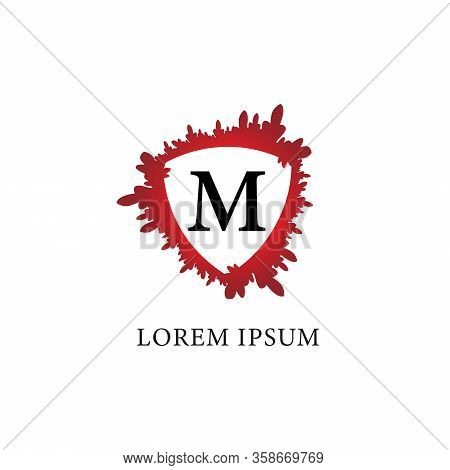 Letter M Alphabet Logo Design Template. Splash Of Blood With Shield Shape In The Midle. Insurance, P