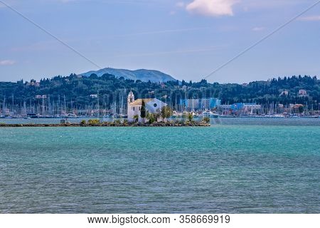 View Of Beautiful Gouvia Bay, Ancient Ypapanti Church - Small White House On A Pier, Port Marina, Co