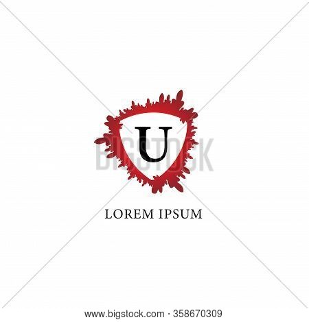 Letter U Alphabet Logo Design Template. Splash Of Blood With Shield Shape In The Midle. Insurance, P