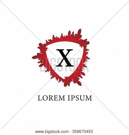Letter X Alphabet Logo Design Template. Splash Of Blood With Shield Shape In The Midle. Isolated On 