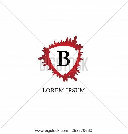 Letter B Alphabet Logo Design Template. Splash Of Blood With Shield Shape In The Midle. Insurance, P