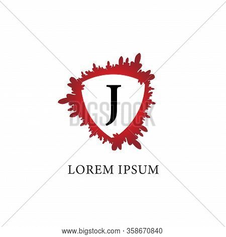 Letter J Alphabet Logo Design Template. Splash Of Blood With Shield Shape In The Midle. Insurance, P