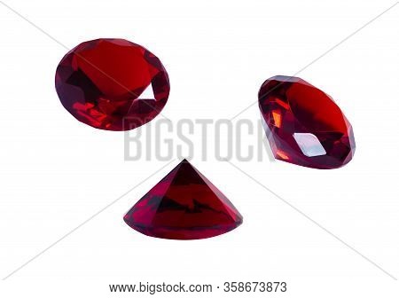 Ruby Isolated On White Background. Red Stone Close-up View From Different Sides.