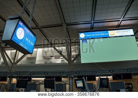 Richmond, Bc, Canada - Mar 29, 2020: International Departures Section Of Yvr Which Is Nearly Empty D