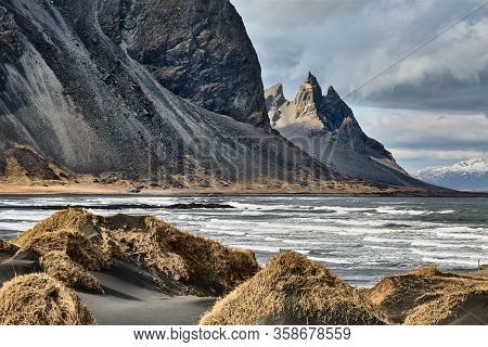 Mountains in Iceland, Vestrahorn Stokksnes, black sand coast
