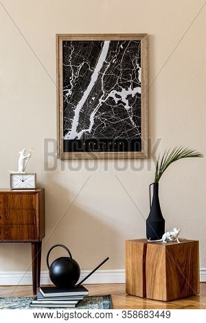 Design Scandinavian Home Interior Of Living Room With Mock Up Poster Map, Stylish Wooden Commode And