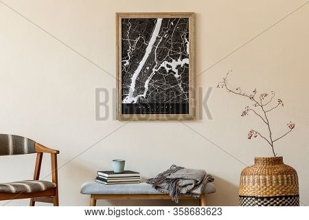 Design Scandinavian Home Interior Of Living Room With Mock Up Poster Map, Stylish Wooden Bench, Chai
