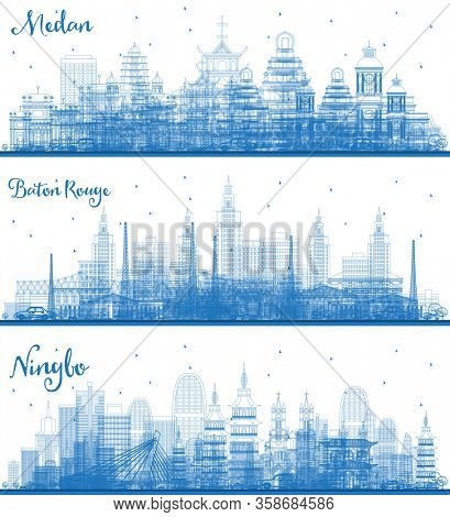 Outline Ningbo China, Medan Indonesia and Baton Rouge Louisiana City Skyline with Blue Buildings. Business Travel and Tourism Concept with Modern Architecture. Cityscapes with Landmarks. 