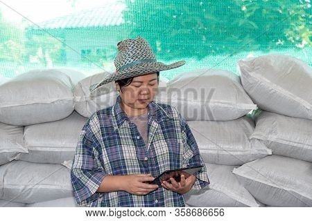 Asian Woman Smart Farmer Agriculturist Happy At A Fertilizer Composting Plant With Organic Fertilize