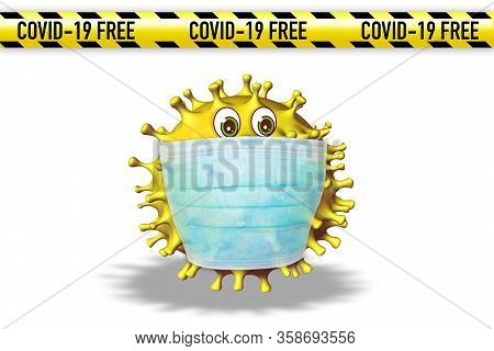 Comics Illustration With Face Mask On Covid 19 Virus In Coronavirus Free Zone On White Background. C