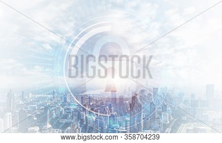Global Cybersecurity Mixed Media With Virtual Locking Padlock On Cityscape Background. Data Cryptogr