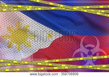 Philippines Flag And Covid-19 Quarantine Yellow Tape. Coronavirus Or 2019-ncov Virus Concept