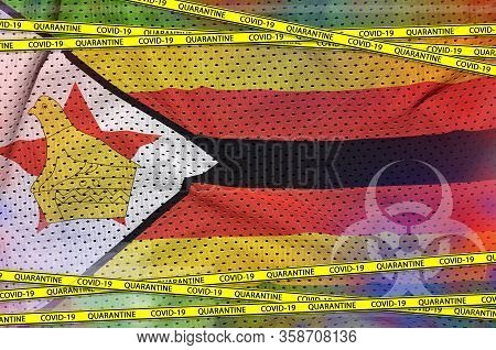 Zimbabwe Flag And Covid-19 Quarantine Yellow Tape. Coronavirus Or 2019-ncov Virus Concept