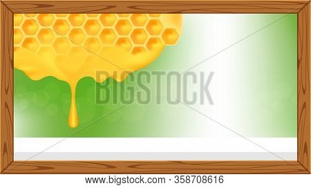 Honeycomb In A Wooden Frame And Copy Space Advertisement, Honey Comb In Wood Frame For Banner Advert