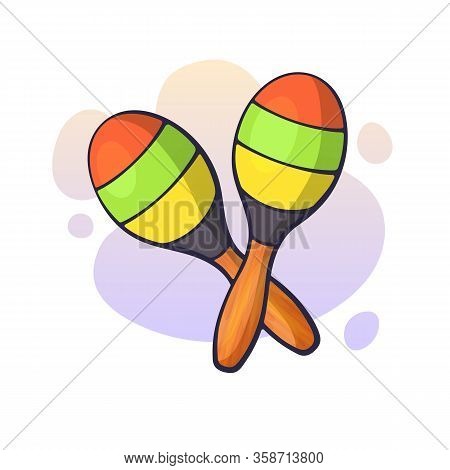 Vector Illustration. Two Crossed Maracas In Stripes. Impact And Noise Instrument. Equipment For Lati