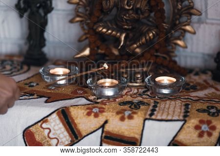 Mantra Mala Resting On A Colorful Altar.