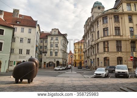 Prague, Czech Republic-17 Of March 2020:
Empty Street And Square Kaprova