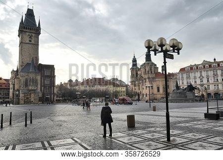 Prague, Czech Republic-17 Of March 2020:
Astronomical Clock At The Old Town Square During Quarantine